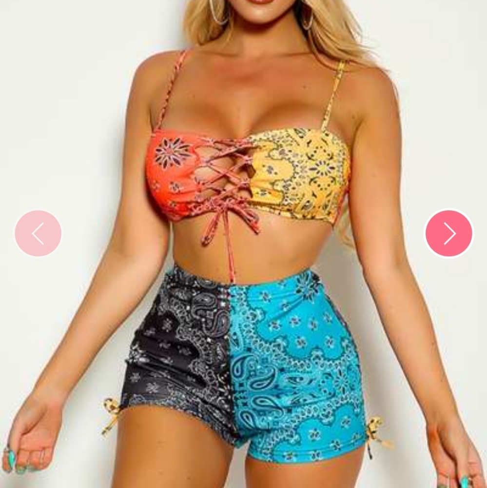 Orange Yellow Paisley Print Cropped Lace Up Shorts